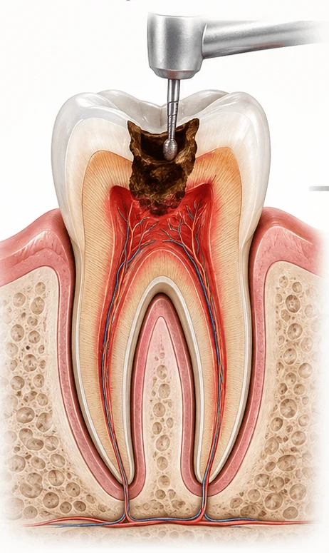 Corte de um molar com c&aacute;rie profunda que atingiu a polpa, com broca removendo o tecido cariado